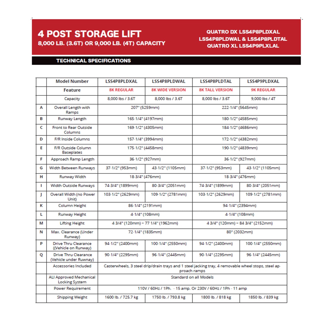 Quatro Stacker Heavy Duty — Four-Post Lift 9,000 LB. (4T)