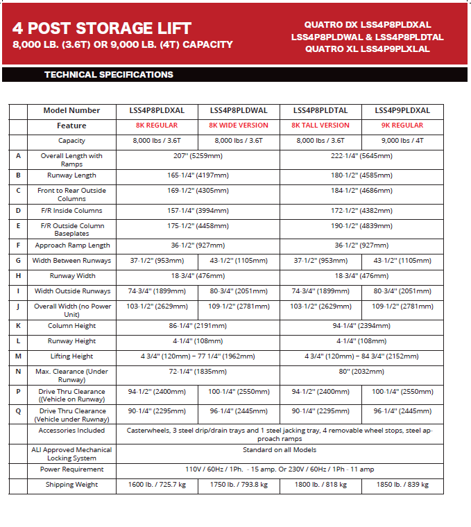 Quatro Stacker Wide Track — Four-Post Lift 8,000 LB. (3.6T)